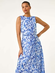 Roman Blue Floral Print Pleat Neck Midi Dress - Image 1 of 5