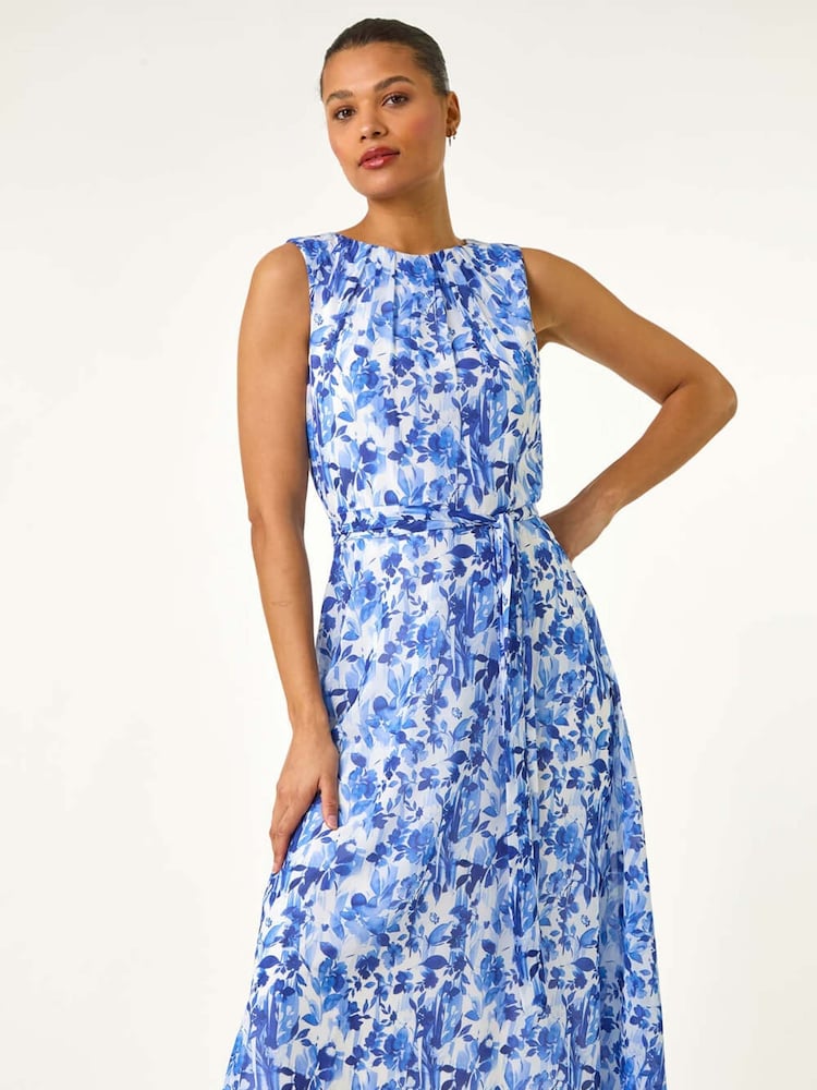 Roman Blue Floral Print Pleat Neck Midi Dress - Image 1 of 5