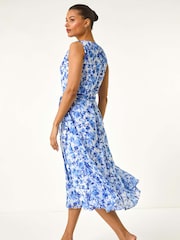 Roman Blue Floral Print Pleat Neck Midi Dress - Image 2 of 5