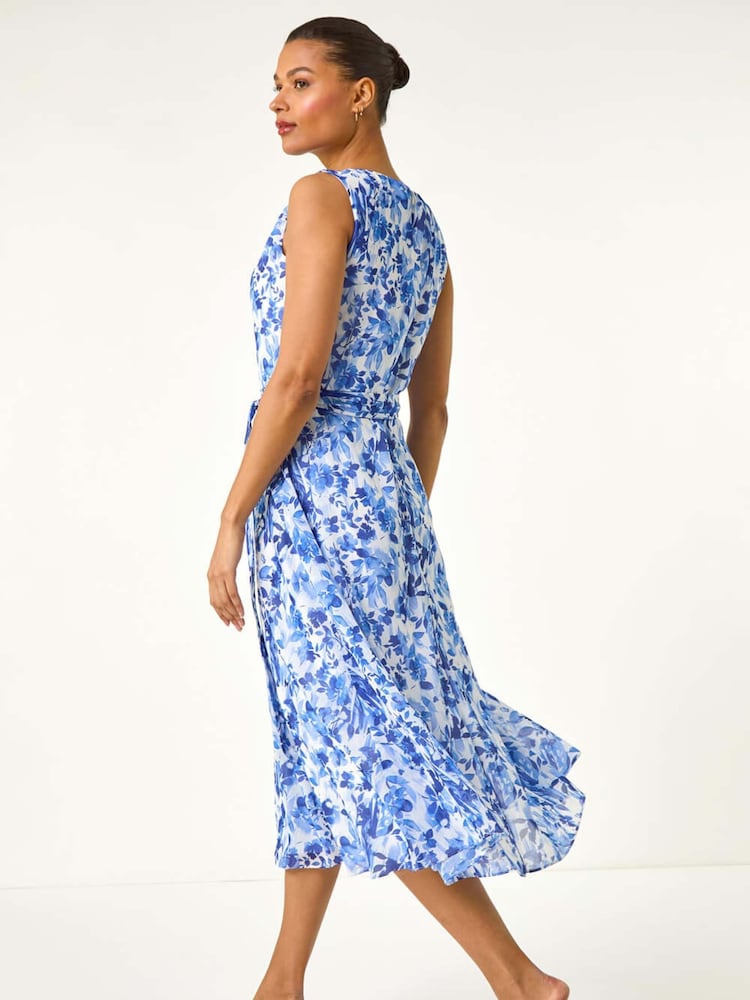 Roman Blue Floral Print Pleat Neck Midi Dress - Image 2 of 5