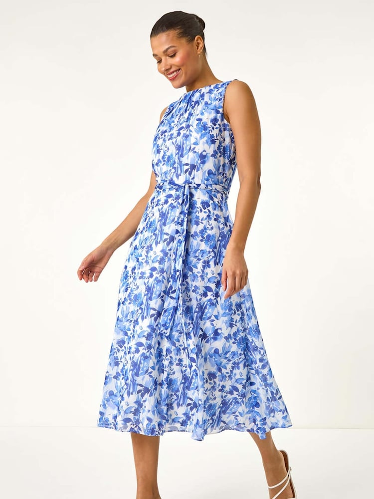 Roman Blue Floral Print Pleat Neck Midi Dress - Image 3 of 5