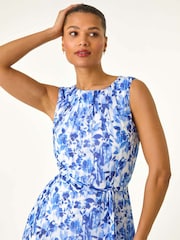 Roman Blue Floral Print Pleat Neck Midi Dress - Image 4 of 5