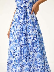 Roman Blue Floral Print Pleat Neck Midi Dress - Image 5 of 5