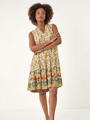 Roman Green Leaf Print Button Smock Dress - Image 1 of 5