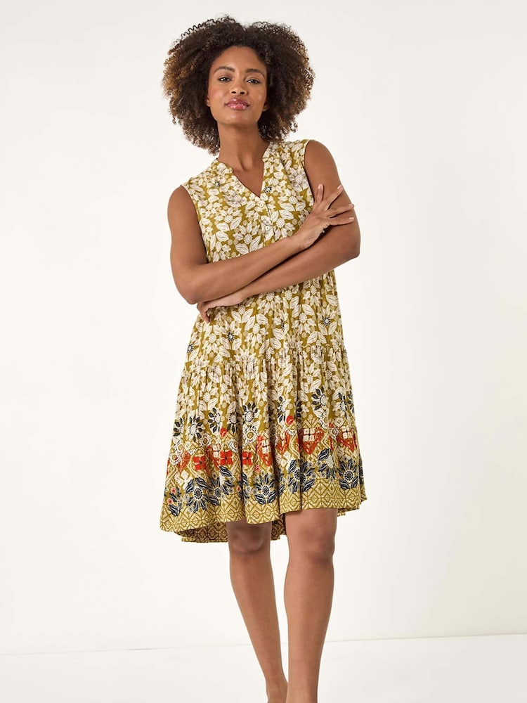 Roman Green Leaf Print Button Smock Dress - Image 1 of 5