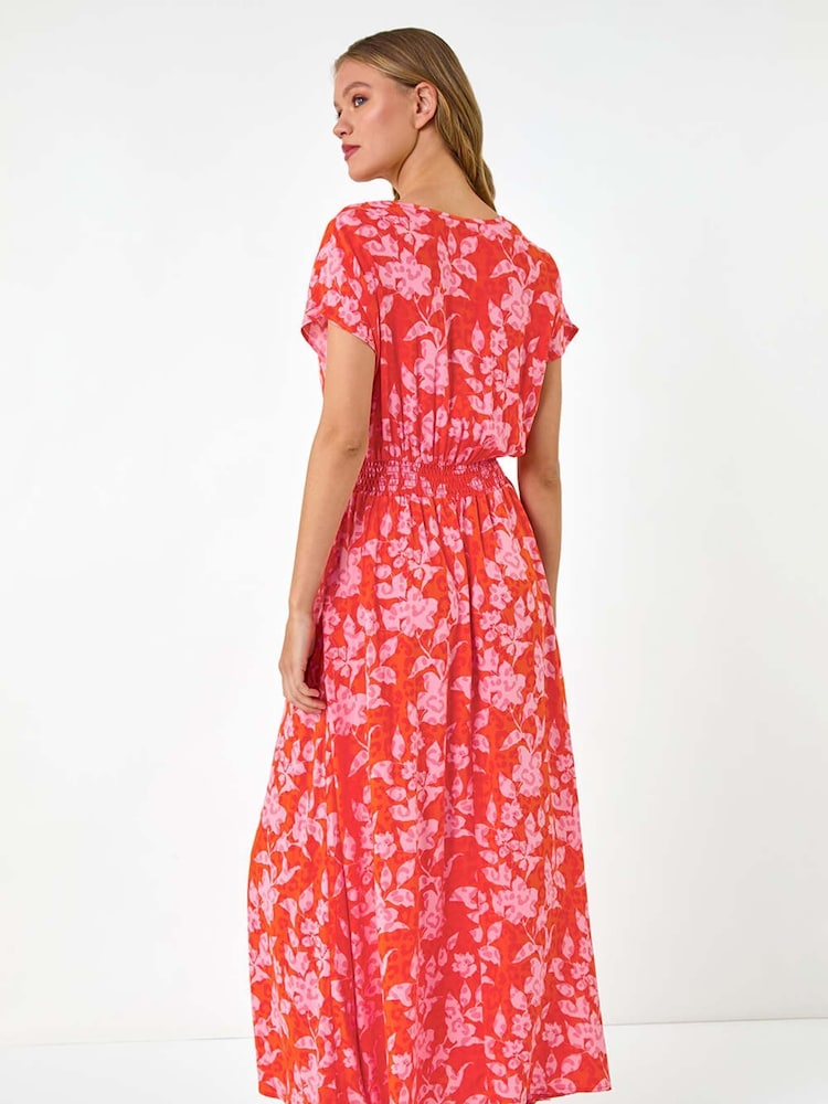 Roman Orange Floral Print Shirred Maxi Dress - Image 2 of 5