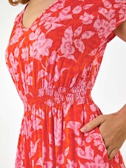 Roman Orange Floral Print Shirred Maxi Dress - Image 4 of 5