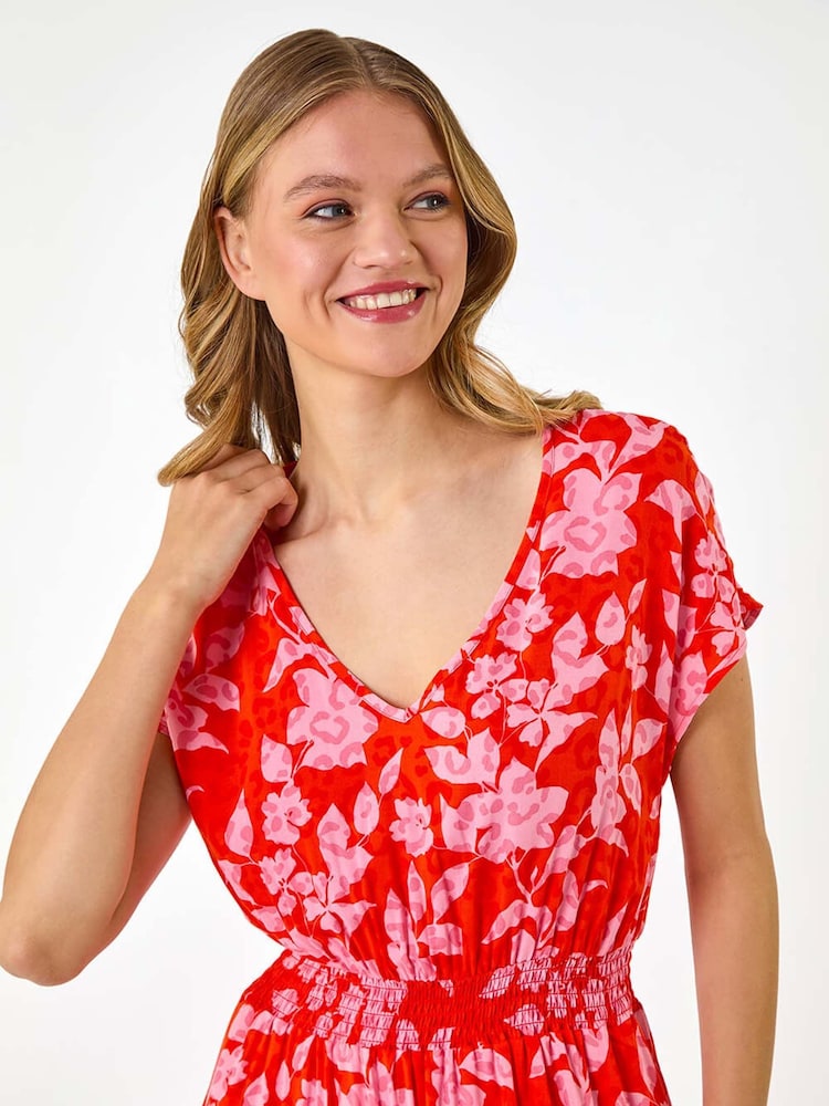 Roman Orange Floral Print Shirred Maxi Dress - Image 5 of 5