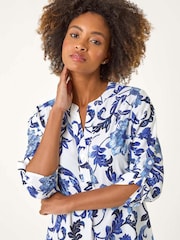 Roman Blue Floral Print Gathered Blouse - Image 1 of 5