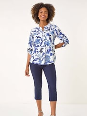 Roman Blue Floral Print Gathered Blouse - Image 2 of 5