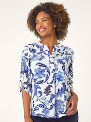 Roman Blue Floral Print Gathered Blouse - Image 4 of 5