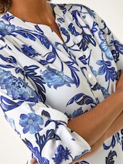 Roman Blue Floral Print Gathered Blouse - Image 5 of 5