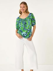 Roman Green Floral Print Bardot Stretch Blouse - Image 1 of 5