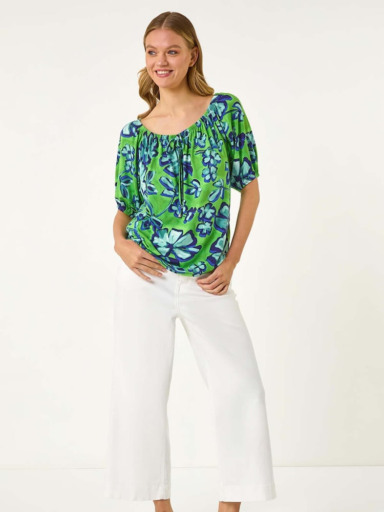 Roman Green Floral Print Bardot Stretch Blouse - Image 1 of 5