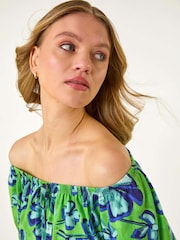 Roman Green Floral Print Bardot Stretch Blouse - Image 2 of 5