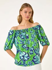 Roman Green Floral Print Bardot Stretch Blouse - Image 4 of 5