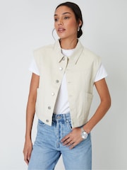 Threadbare Cream 100% Cotton Sleeveless Boxy Denim Jacket Vest - Image 1 of 4
