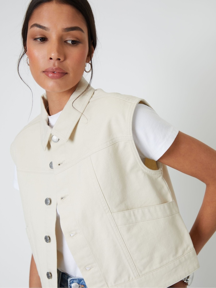 Threadbare Cream 100% Cotton Sleeveless Boxy Denim Jacket Vest - Image 4 of 4