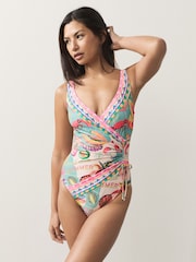 Conversational Print Ruched Side Tummy Shaping Control Swimsuit - Image 1 of 9
