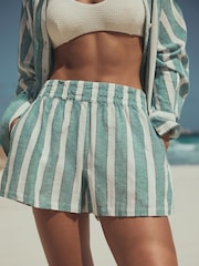 Green/White Summer Shorts With Linen - Image 1 of 6
