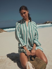 Green/White Summer Shirt With Linen - Image 1 of 8