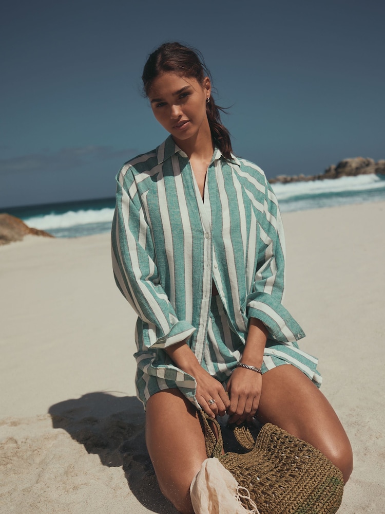 Green/White Summer Shirt With Linen - Image 1 of 8