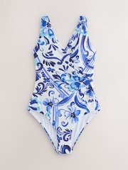 Blau/Weiß mit Blumendruck - Wickel-Badeanzug mit Bauchkontrolle - Bild 5 von 8