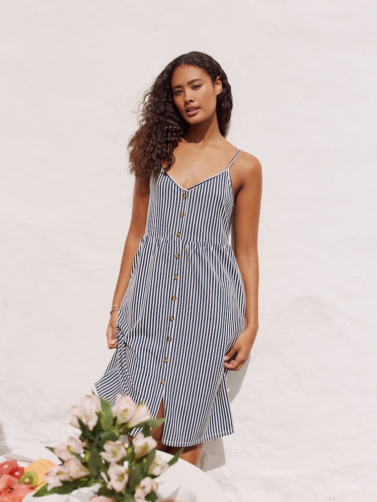 Raya azul - Vestido a media pierna de punto con botones - Imagen 1 de 8