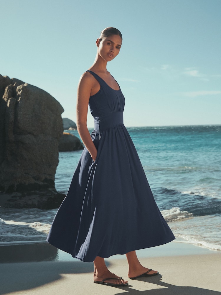 Marineblau/blau - Tailliertes Sommer-Midikleid aus Jersey - Bild 2 von 3