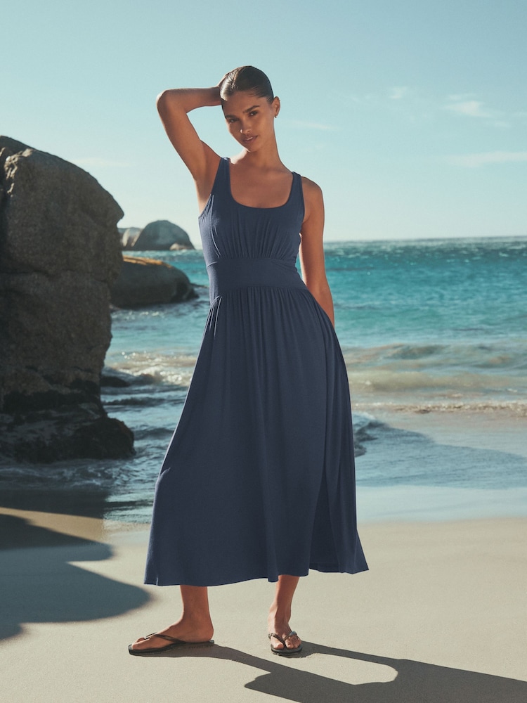 Marineblau/blau - Tailliertes Sommer-Midikleid aus Jersey - Bild 3 von 3