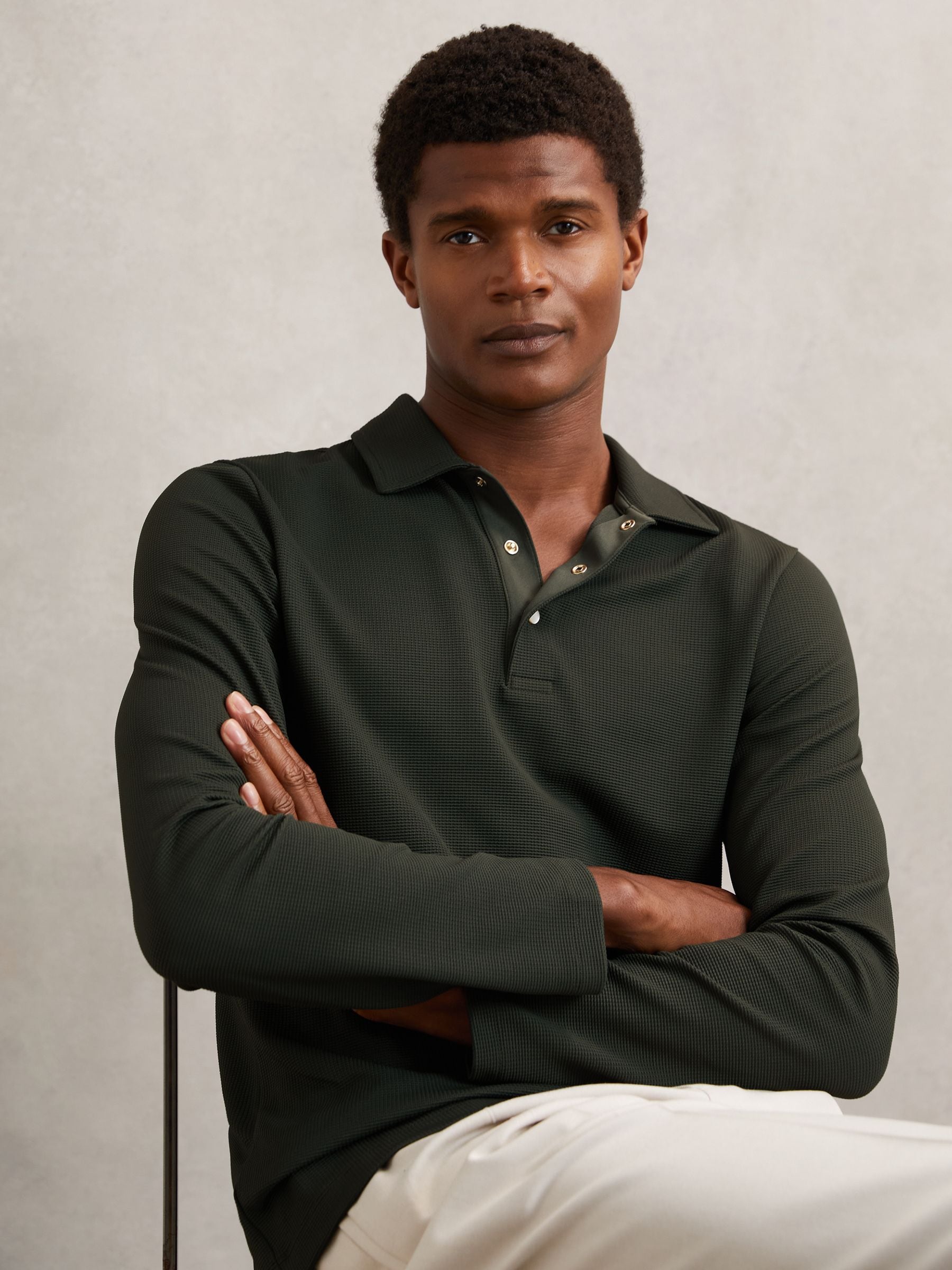 Buy Reiss Green Tivolli Textured Press-Stud Polo Shirt from the