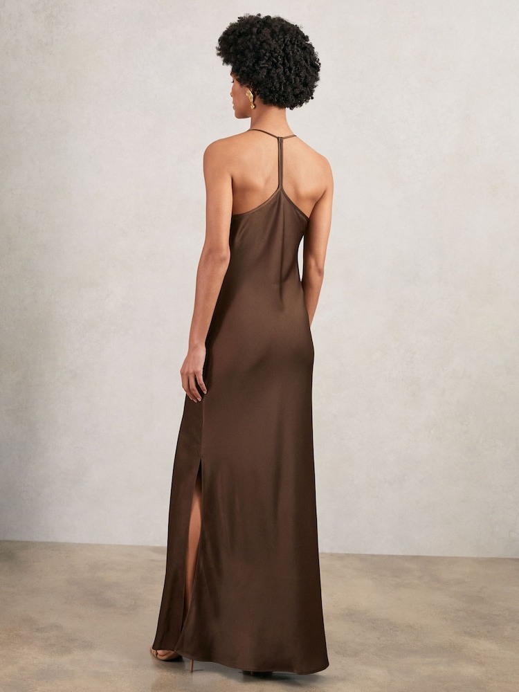 summer satin slip dress by the brown clothing co Cowl Neck Brown Satin Slip Dress