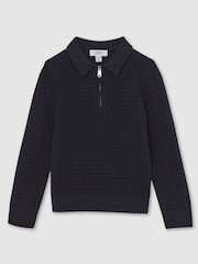 Reiss Navy Blue Hamilton 13-14 yrs Wool Waffle-Knit Half-Zip Polo Shirt - Image 1 of 4