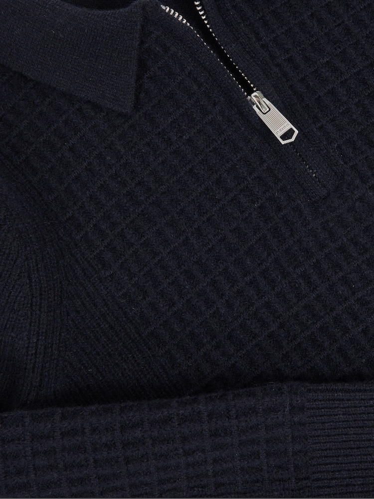 Reiss Navy Blue Hamilton 13-14 yrs Wool Waffle-Knit Half-Zip Polo Shirt - Image 4 of 4