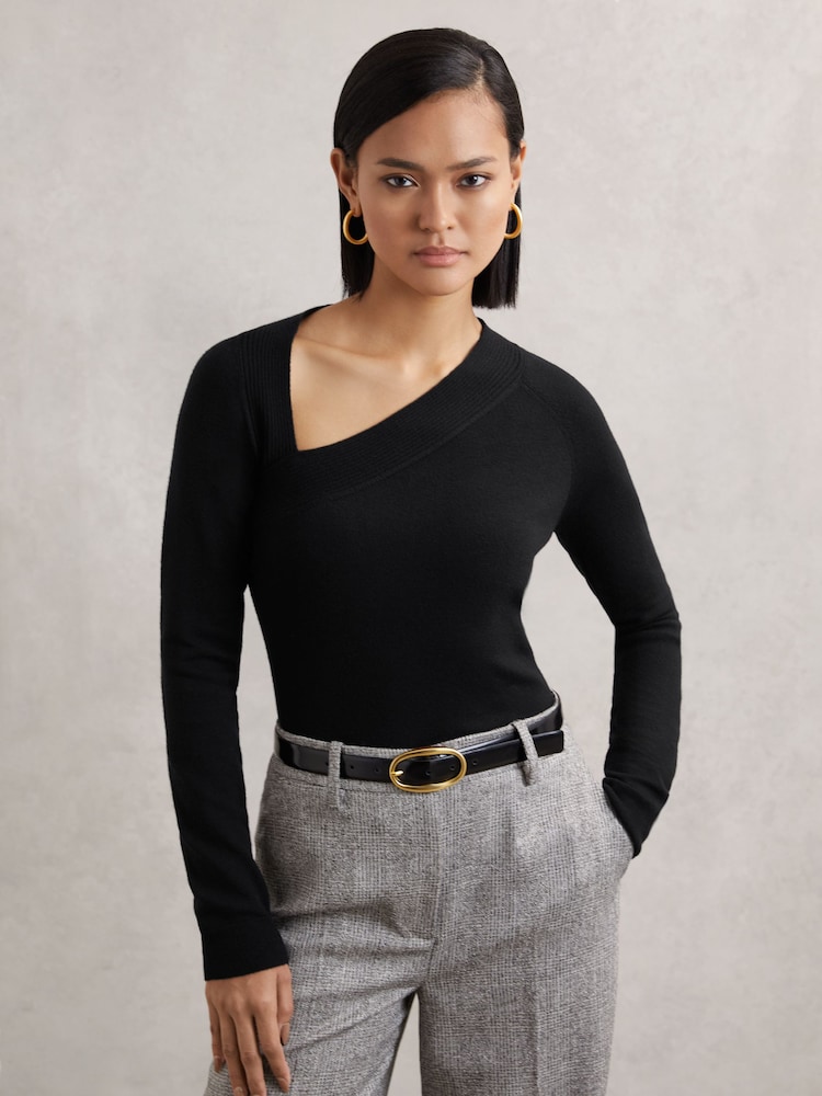 Reiss Black Zoie Wool-Blend Asymmetric Knit Top - Image 1 of 6