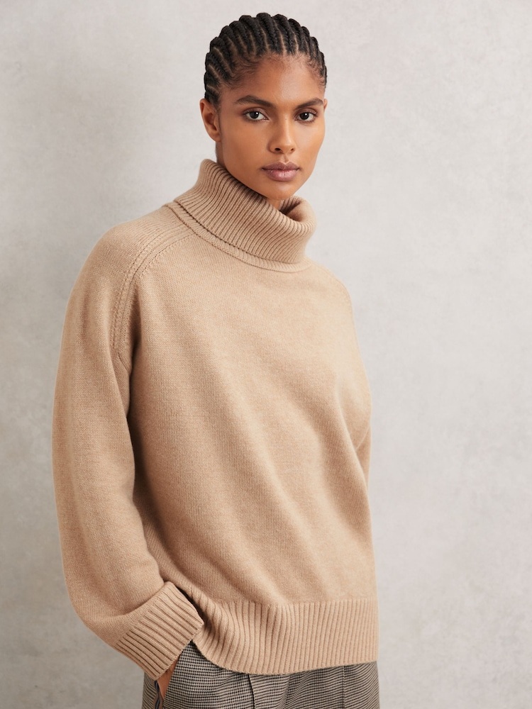 Reiss Oatmeal Neutral Brooklyn Wool-Cashmere Roll-Neck Jumper - Image 1 of 6 Reiss Oatmeal Neutral Brooklyn Wool-Cashmere Roll-Neck Jumper - Image 1 of 6