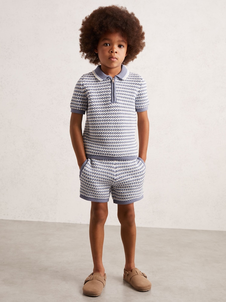 Reiss Blue/White Keaton Knitted Stripe Half-Zip Polo Shirt - Image 2 of 4