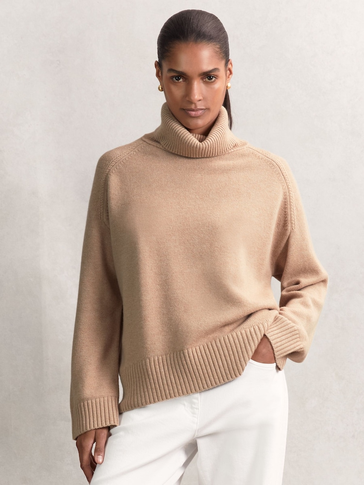 Reiss Camel Brooklyn Wool-Cashmere Roll-Neck Jumper - Image 1 of 6 Reiss Camel Brooklyn Wool-Cashmere Roll-Neck Jumper - Image 1 of 6