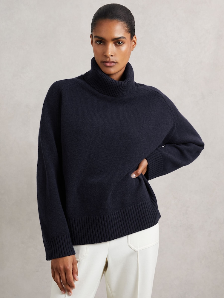 Reiss Navy Brooklyn Wool-Cashmere Roll-Neck Jumper - Image 1 of 8 Reiss Navy Brooklyn Wool-Cashmere Roll-Neck Jumper - Image 1 of 8