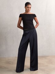 Reiss Navy Neave Wool-Blend Pinstripe Wide-Leg Trousers - Image 1 of 7