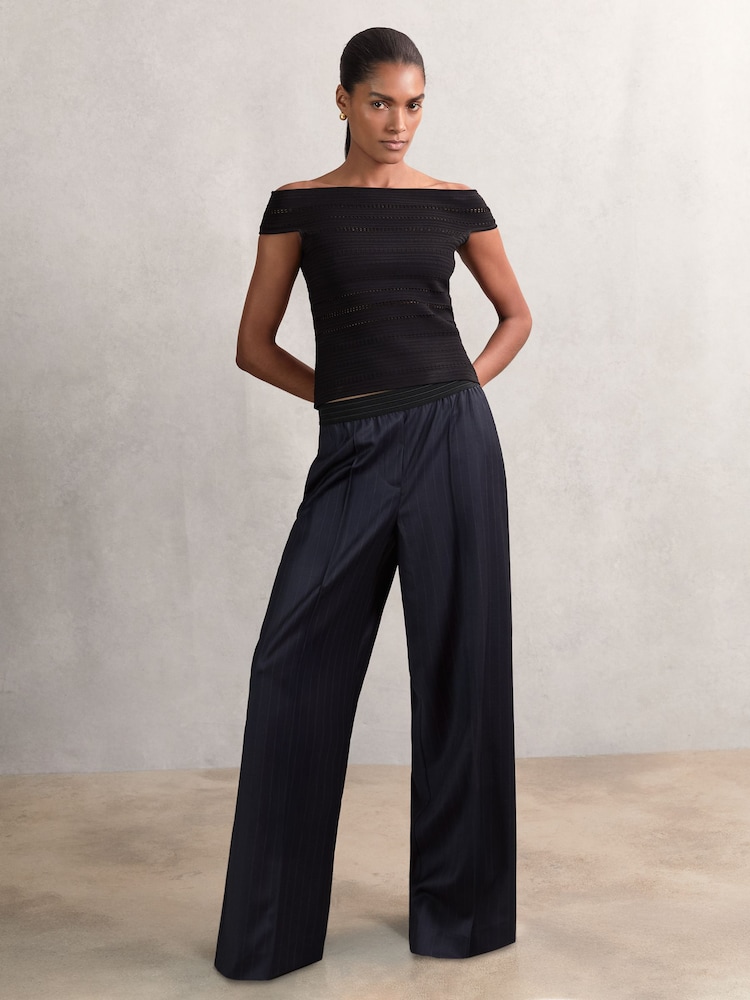 Reiss Navy Neave Wool-Blend Pinstripe Wide-Leg Trousers - Image 1 of 7