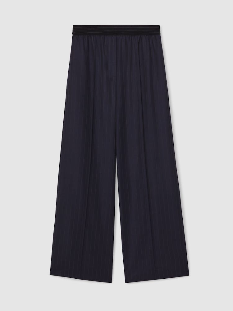 Reiss Navy Neave Wool-Blend Pinstripe Wide-Leg Trousers - Image 2 of 7
