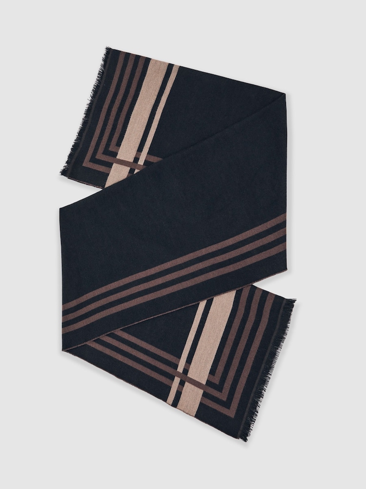 Reiss Navy Camila Border Stripe Fringed Scarf - Image 1 of 6 Reiss Navy Camila Border Stripe Fringed Scarf - Image 1 of 6