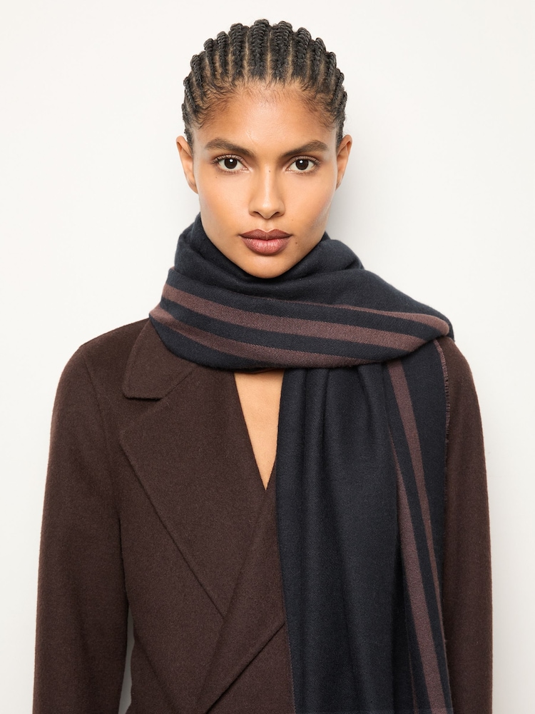 Reiss Navy Camila Border Stripe Fringed Scarf - Image 2 of 6 Reiss Navy Camila Border Stripe Fringed Scarf - Image 2 of 6