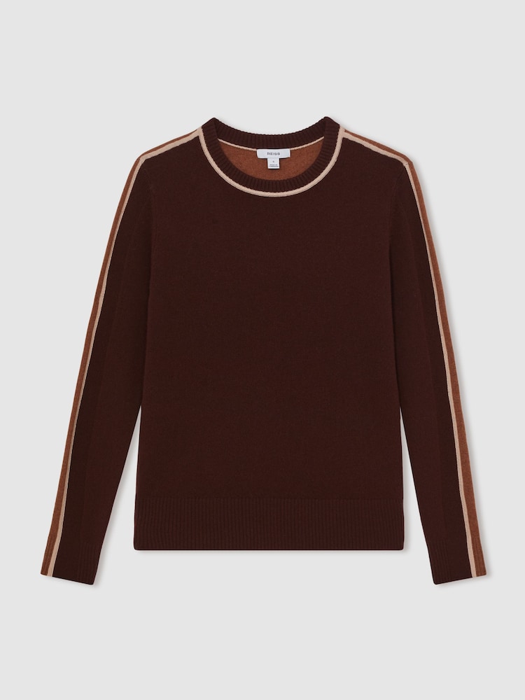 Reiss Burgundy/Tan Anne Wool-Blend Colour-Block Jumper With Cashmere - Image 2 of 7 Reiss Burgundy/Tan Anne Wool-Blend Colour-Block Jumper With Cashmere - Image 2 of 7