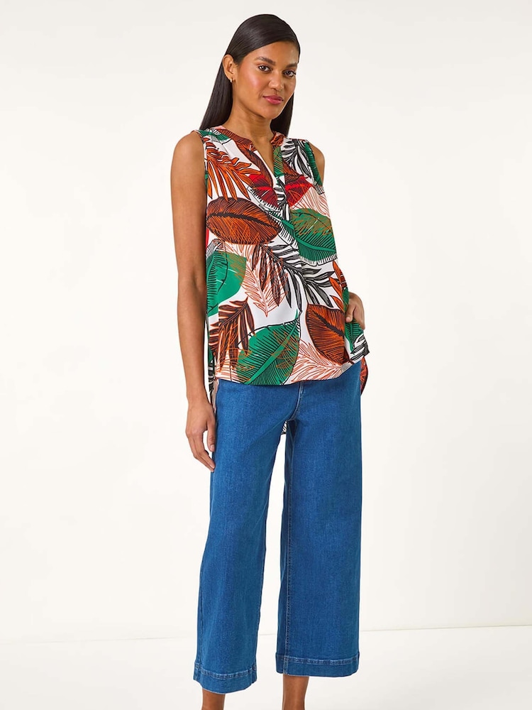Roman Orange Leaf Print Pleated Vest Top - Image 5 of 5