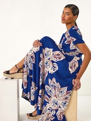 Roman Blue Leaf Print Shirred Maxi Dress - Image 1 of 5