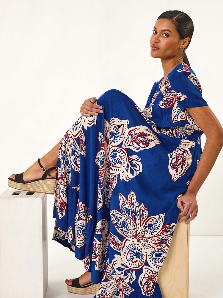 Roman Blue Leaf Print Shirred Maxi Dress - Image 1 of 5