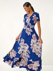 Roman Blue Leaf Print Shirred Maxi Dress - Image 2 of 5