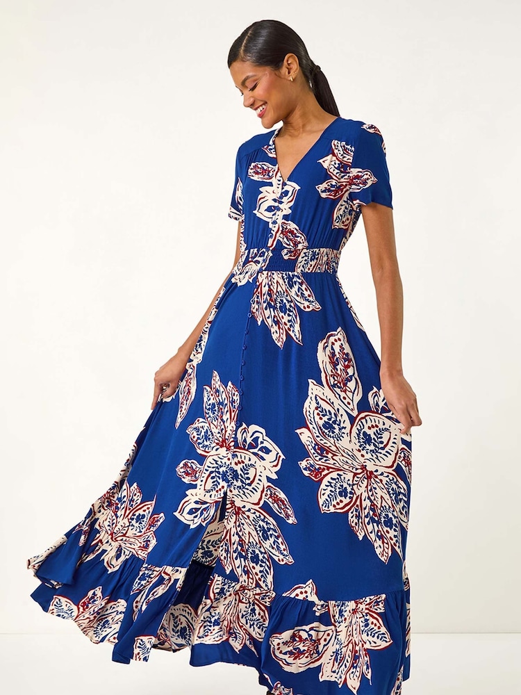 Roman Blue Leaf Print Shirred Maxi Dress - Image 2 of 5